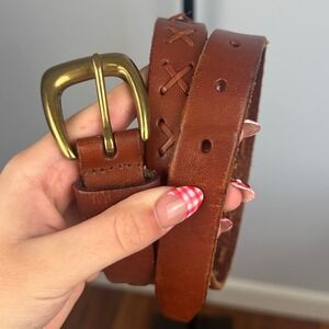 Amanda Smith Brown Leather Belt Cross Stitched Detail Brass Buckle 28.5–32.5